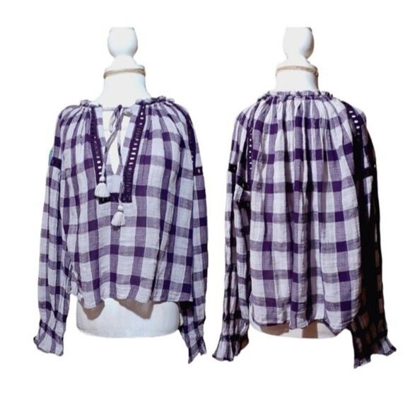 Free People Honey Grove Plaid Purple Plum Long Sleeves Tassel Boho Peasant Top S - Picture 3 of 8